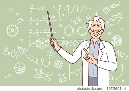 Crazy scientist points to formulas written on blackboard and teaches children from school math 105569144