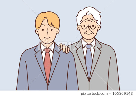 Young and old man in business suits symbolize succession of generations and inheritance Young and old man in business suits symbolize succession of generations and inheritance 105569148
