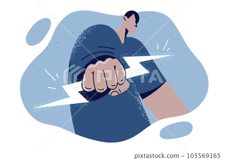 Man clenched lightning in fist and became in threatening pose to demonstrate determination Man clenched lightning in fist and became in threatening pose to demonstrate determination 105569165