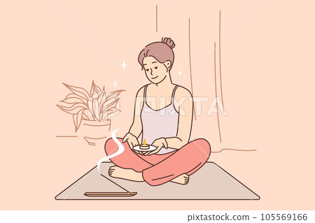 Meditating woman does yoga and uses aroma candles during spiritualistic session. Meditating woman does yoga and uses aroma candles during spiritualistic session. 105569166