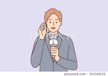 Man reporter with microphone and earpiece informs TV viewers about important news live Man reporter with microphone and earpiece informs TV viewers about important news live 105569220