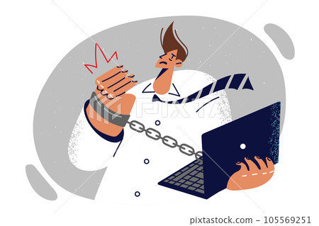 Businessman handcuffed to laptop symbolizes strict deadlines and lack of free time for rest Businessman handcuffed to laptop symbolizes strict deadlines and lack of free time for rest 105569251