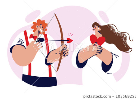 Cupid man with bow and arrows in hands stands near girlfriend experiencing romantic feelings 105569255