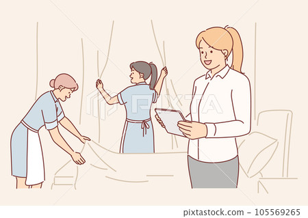 Housekeeping manager supervises work of maids cleaning hotel room before checking in guest Housekeeping manager supervises work of maids cleaning hotel room before checking in guest 105569265