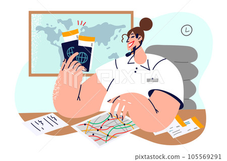 Woman travel agency manager holding passport and plane tickets sitting at office desk near world map Woman travel agency manager holding passport and plane tickets sitting at office desk near world map 105569291