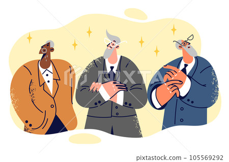 Older multiethnic men in business suits show confidence in future by having retirement accounts 105569292