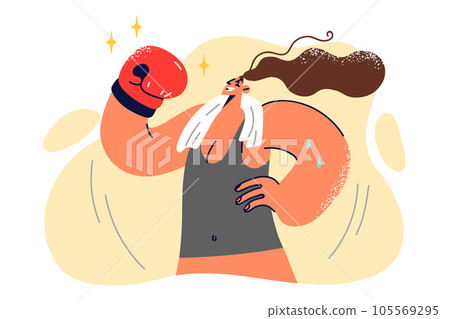 Woman in boxing glove raises hand in sign of victory over opponent and demonstrates muscles 105569295