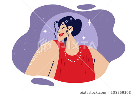 Woman stands in spotlight dressed in red luxurious dress with expensive necklace and earrings 105569308