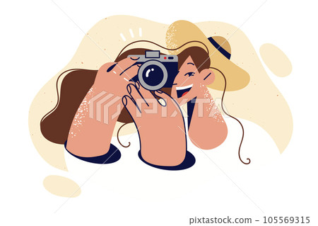Woman photographer with smile takes picture on camera to capture happy moments from life Woman photographer with smile takes picture on camera to capture happy moments from life 105569315