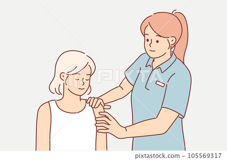 Woman fitness instructor massages shoulder of athlete helping to warm up before training 105569317
