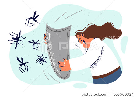 Maliary mosquitoes attack woman with shield, protect from bites of blood-sucking insects 105569324