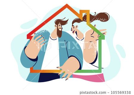 Man and woman bought house in elite area with mortgage and hold contour of cottage together 105569338