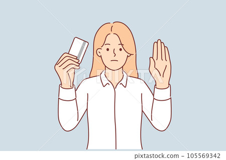 Woman with credit card makes stop gesture urging not to use services of banks and pay in cash Woman with credit card makes stop gesture urging not to use services of banks and pay in cash 105569342