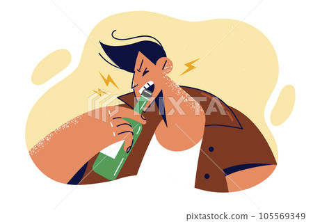 Man drunkard opens bottle beer with teeth and leads asocial lifestyle by abusing alcoholic beverages 105569349