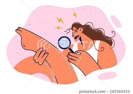 Woman in need of epilation uses magnifying glass and frightenedly examines leg in search of hair Woman in need of epilation uses magnifying glass and frightenedly examines leg in search of hair 105569353