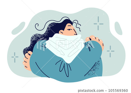 Frozen woman is shivering from cold, dressed in warm sweater and scarf hiding neck Frozen woman is shivering from cold, dressed in warm sweater and scarf hiding neck 105569360