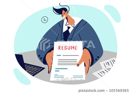 Man holds resume and sits at desk in recruiter office wanting to get solid job with high income Man holds resume and sits at desk in recruiter office wanting to get solid job with high income 105569365