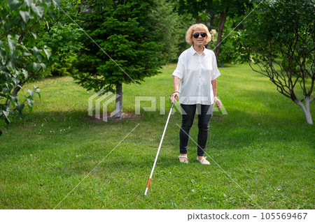 Elderly blind woman walking in the park. Elderly blind woman walking in the park. 105569467