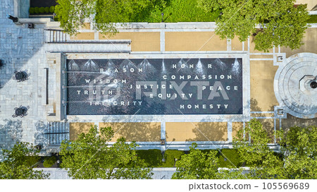 Aerial view overhead fountain in Columbus Ohio with wisdom and honesty Aerial view overhead fountain in Columbus Ohio with wisdom and honesty 105569689