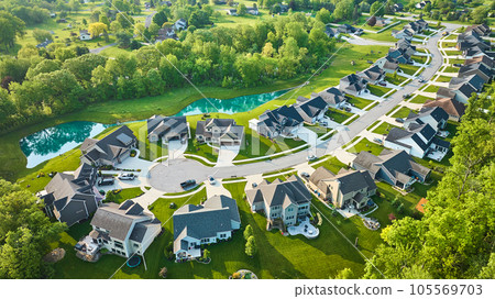 Aerial turquoise pond near cul-de-sac neighborhood middleclass homes 105569703