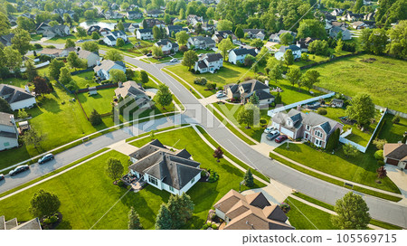 Aerial suburban neighborhood fresh cut green lawns middleclass housing addition Aerial suburban neighborhood fresh cut green lawns middleclass housing addition 105569715