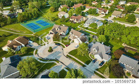 Cul-de-sac houses in neighborhood with tennis court amenity aerial Cul-de-sac houses in neighborhood with tennis court amenity aerial 105569716
