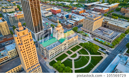 Aerial Fort Wayne courthouse Indiana summer trees and lawn downtown cityscape Aerial Fort Wayne courthouse Indiana summer trees and lawn downtown cityscape 105569729