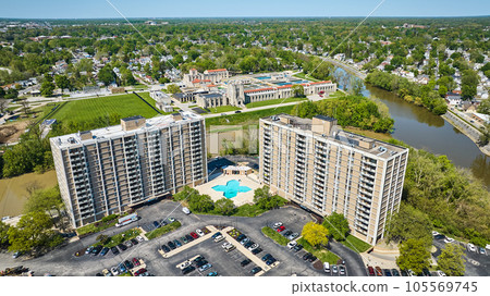Summer city landscape campus condos renting with pool, parking lot aerial near river Summer city landscape campus condos renting with pool, parking lot aerial near river 105569745