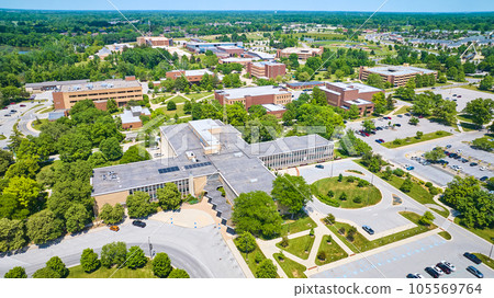 PFW campus aerial with all main buildings on bright summer day with blue sky 105569764