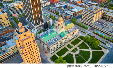 American flag courthouse downtown Fort Wayne Indiana summer sunrise aerial American flag courthouse downtown Fort Wayne Indiana summer sunrise aerial 105569768