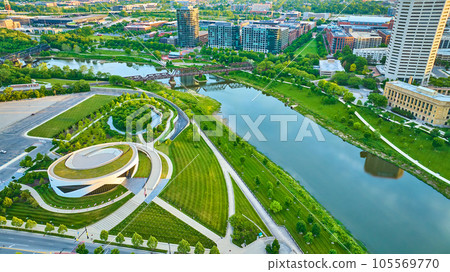 Aerial National Veterans Memorial and Museum at sunrise and Columbus city across river 105569770