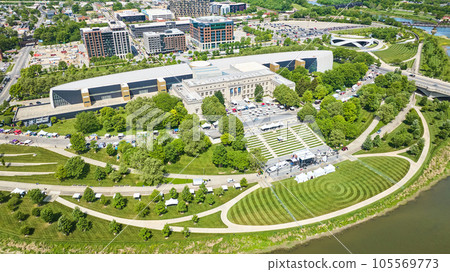 Aerial Lower Scioto Greenway in front of Center of Science and Industry building 105569773
