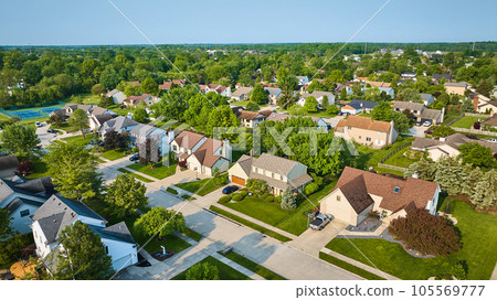 Neighborhood with amenities middleclass houses in summer with tennis court aerial Neighborhood with amenities middleclass houses in summer with tennis court aerial 105569777