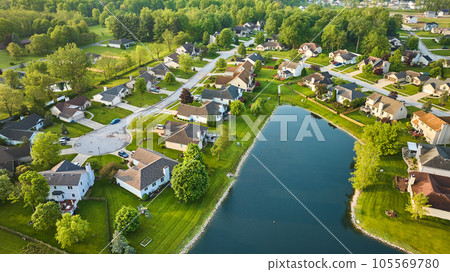 Cul-de-sac aerial suburban neighborhood tree forest skyline in summer around dark blue pond Cul-de-sac aerial suburban neighborhood tree forest skyline in summer around dark blue pond 105569780
