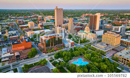 Aerial downtown Fort Wayne city of churches sunrise Freimann Square, Court House skyscraper fountain Aerial downtown Fort Wayne city of churches sunrise Freimann Square, Court House skyscraper fountain 105569782