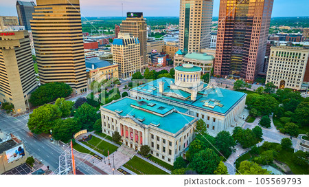 Sunrise aerial of Capital Square Foundation Columbus Ohio with nearby skyscrapers Sunrise aerial of Capital Square Foundation Columbus Ohio with nearby skyscrapers 105569793