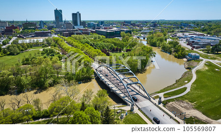 MLK bridge over Fort Wayne St. Marys River cityscape skyscraper skyline aerial downtown 105569807