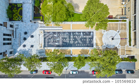 Aerial view overhead fountain in Columbus Ohio with integrity and honor and peace and justice Aerial view overhead fountain in Columbus Ohio with integrity and honor and peace and justice 105569810