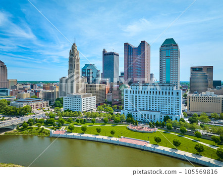 Columbus Ohio downtown aerial in summer with skyscrapers and main buildings 105569816