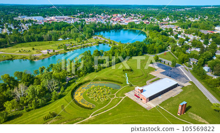 Turquoise pond water in distant summertime aerial over Mount Vernon and Ariel Foundation Park 105569822