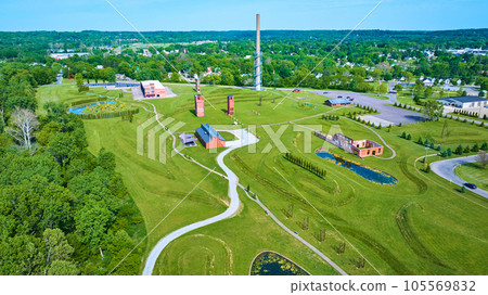 Aerial Ariel Foundation Park wide shot of destroyed factory buildings and walking paths 105569832