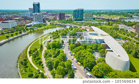 Aerial Center of Science and Industry with Columbus Ohio city and Scioto River 105569834