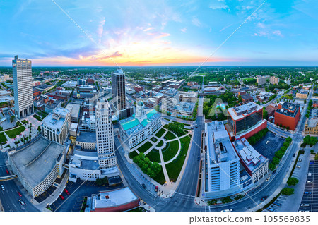 Panorama aerial gorgeous sunrise over downtown Fort Wayne Indiana city view Panorama aerial gorgeous sunrise over downtown Fort Wayne Indiana city view 105569835