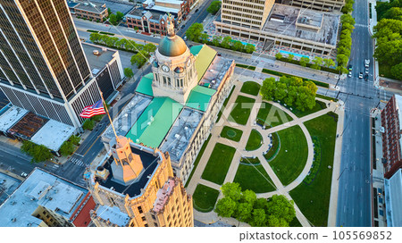 Courthouse Fort Wayne downtown with American flag aerial cityscape architecture 105569852