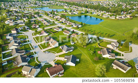 Middleclass neighborhood large ponds aerial lush green summer trees and grass Middleclass neighborhood large ponds aerial lush green summer trees and grass 105569856