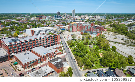 Aerial Electric Work factory refurbished reconstruction downtown Fort Wayne park skyscraper skyline 105569857
