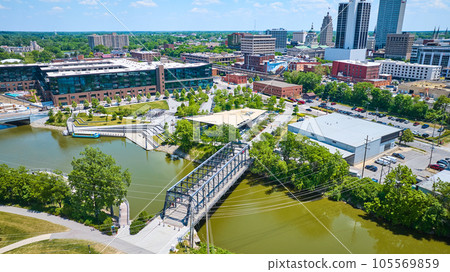 Aerial Wells Street Bridge across St Mary River towards Promenade Park and downtown Fort Wayne Aerial Wells Street Bridge across St Mary River towards Promenade Park and downtown Fort Wayne 105569859