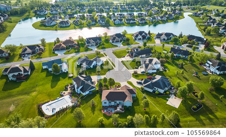Neighborhood on peninsula of pond and houses around cul-de-sac with landscaping aerial Neighborhood on peninsula of pond and houses around cul-de-sac with landscaping aerial 105569864