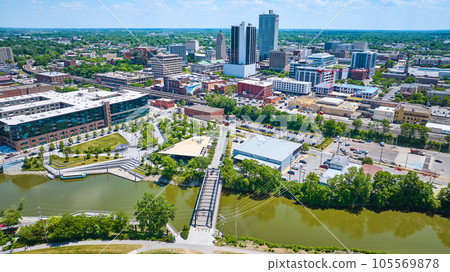 Aerial downtown Fort Wayne Wells St. Bridge to The Landing at Promenade Park with St Mary River 105569878