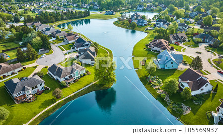Split neighborhood with large winding pond with fountain and cul-de-sac housing additions aerial Split neighborhood with large winding pond with fountain and cul-de-sac housing additions aerial 105569937